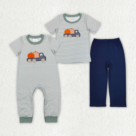 10.3 RTS Sibling Baby Boys Pumpkins Truck Pumpkin Rompers Clothes
