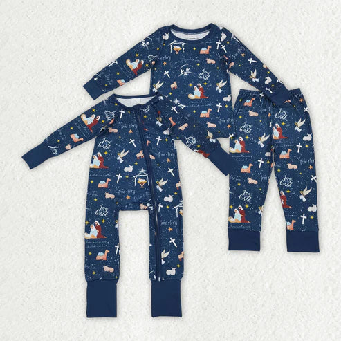9.20 RTS Sibling Baby Boys Navy Nativity Christmas Pajamas Sets Zipper Footie Rompers
