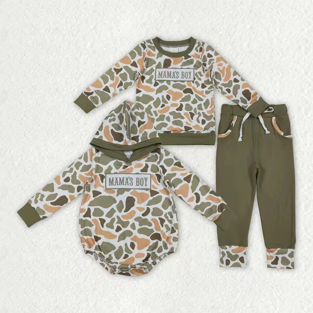 12.1 RTS Sibling Baby Boys Embroidery Mama's Boy Orange Camo Pockets Pant Clothes Sets Hoodie Romper