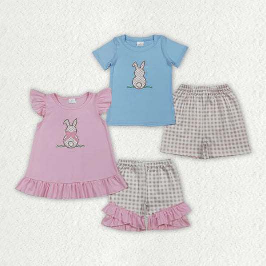 3.20 RTS Sibling Baby Kids Embroidery Rabbits Top Checked Short Easter Clothes Sets