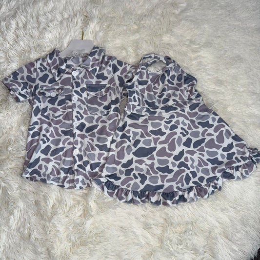 11.7 RST Sibling Baby Boys Gray Camo Short Sleeves Button Pockets Shirts Pullovers Tops Yoga Ruffle Knee Length Dresses