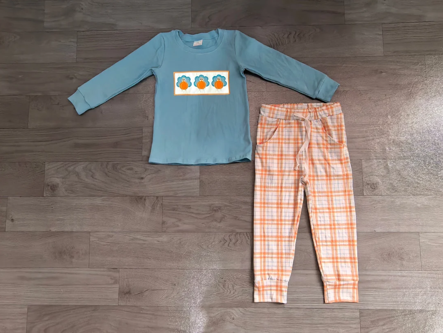 BLP1498 Sample No Moq milk silk BLP1513 Embroidery Pumpkins Turkey Baby Boys Pockets Pant Thanksgivings Clothes Sets