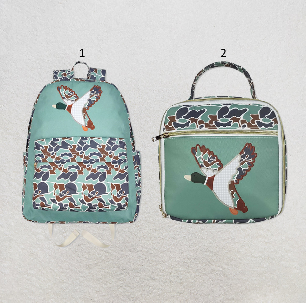 RTS NO MOQ Sibling Cute Clothes Baby Kids Camo Ducks Print Zipper Closure Adjustable Strap Lightweight Backpack Bags Lunch Dinner Picnic Boxes