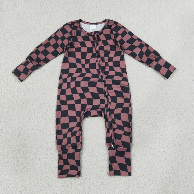 LR3115 RTS NO MOQ （In stock）Baby Boys Brown Black Checked Long Sleeve Two Way Zipper Convertible Casual Rompers