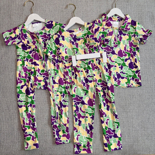 10.27 RTS Sibling Baby Boys Mardigras Camo Pant Pajamas Sets Two Way Zip Convertible Rompers Polo Shirts Top