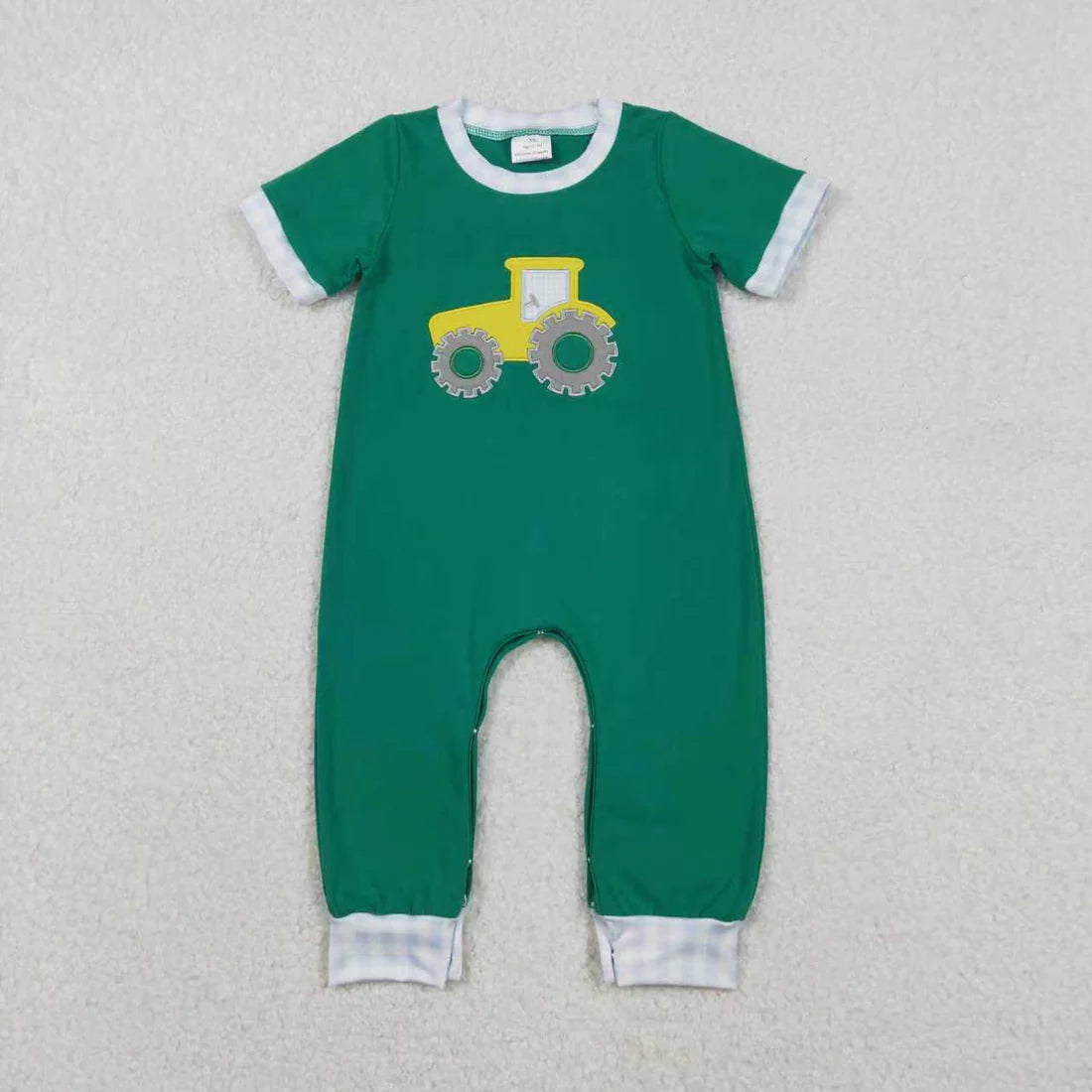 12.2 RTS Sibling Baby Boys Green Embroidery Trucks Checked Pockets Pants Farm Set Footie Rompers