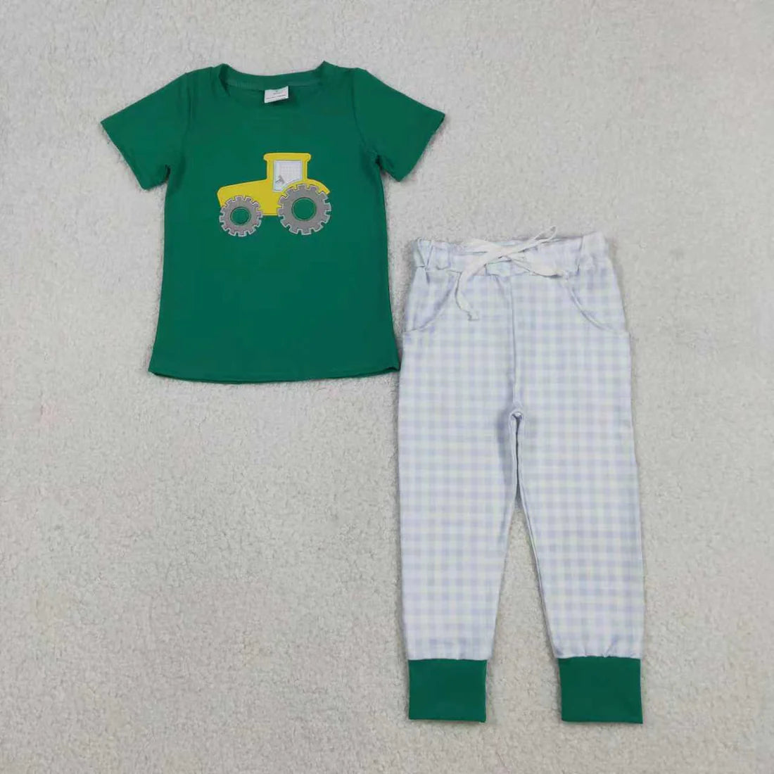 12.2 RTS Sibling Baby Boys Green Embroidery Trucks Checked Pockets Pants Farm Set Footie Rompers