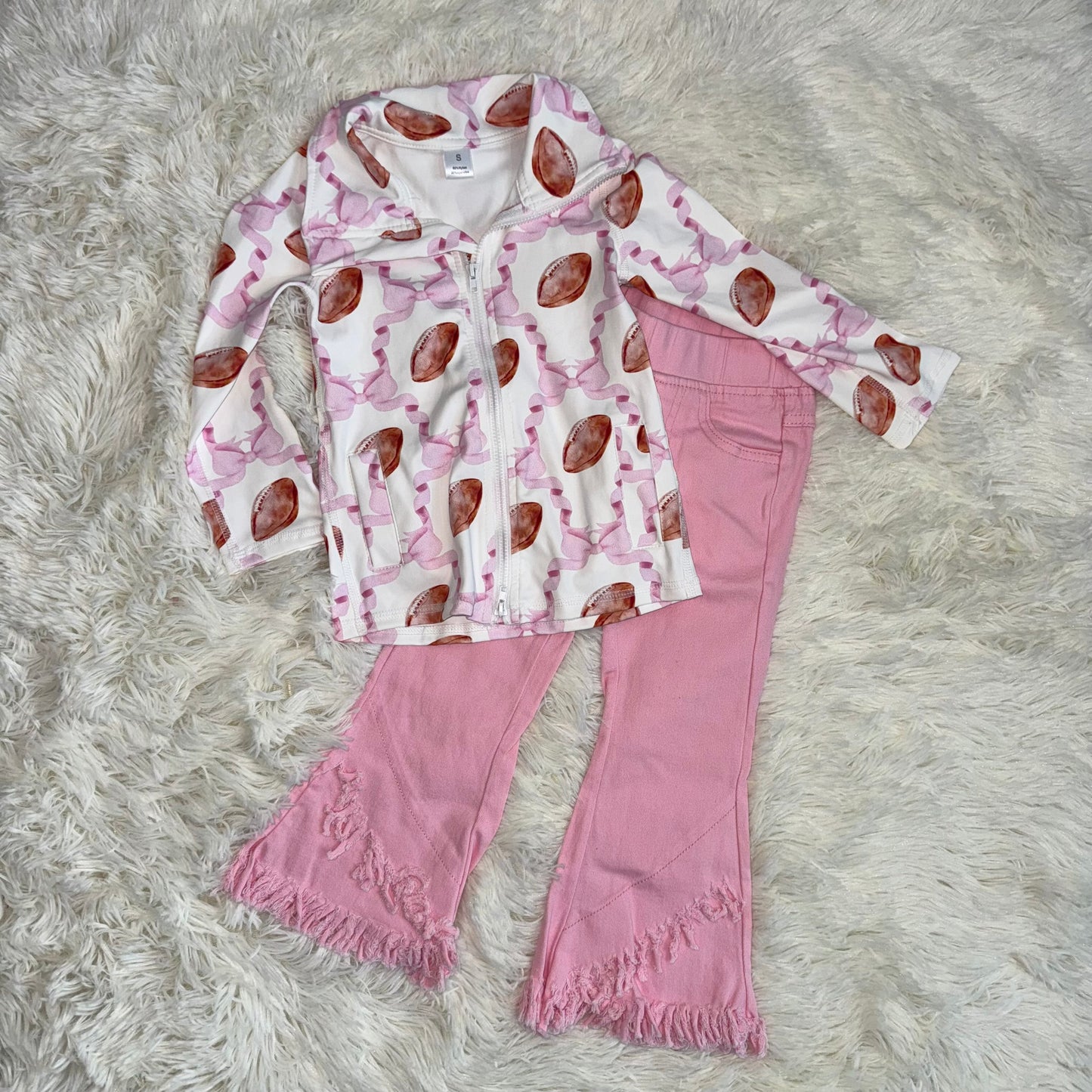 11.13 RST Sibling Baby Girls Flowers Bows Pockets Zipper Yoga Active Pullovers Top  Pink  Jeans Sets