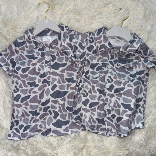 11.6 RST Sibling Baby Boys Gray Camo Short Sleeves Button Pockets Shirts Pullovers Tops