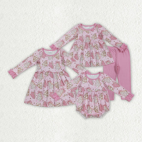 9.20 RTS Sibling Baby Girls Pink Bows Stripe Trees Christmas Clothes Sets Rompers Knee Length Dresses