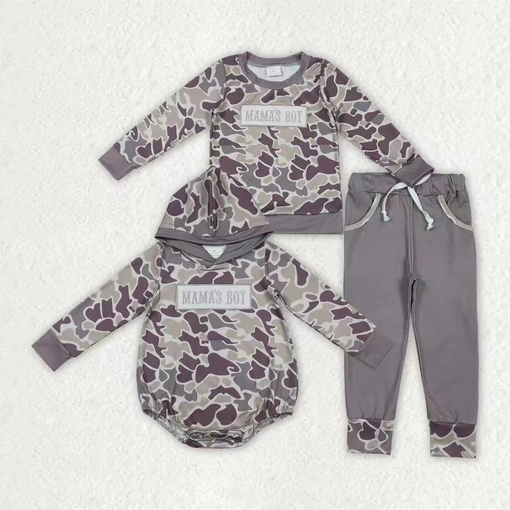 11.25 RTS Sibling Baby Boys Embroidery Mama's Boy Grey Camo Pockets Pants Clothes Sets Hoodie Romper