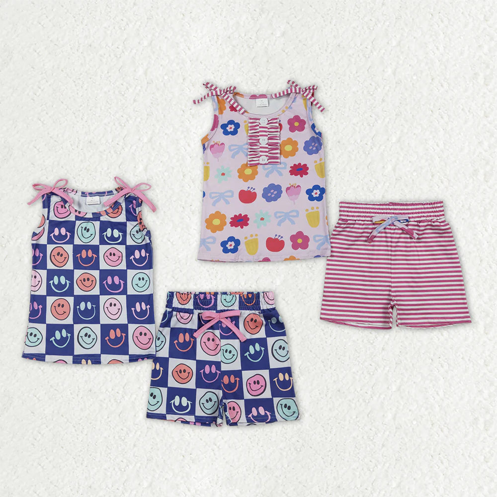 2.27 RTS Sibling Baby Girls Sleeveless Colorful Flowers Smiles Top Shorts Clothes Sets