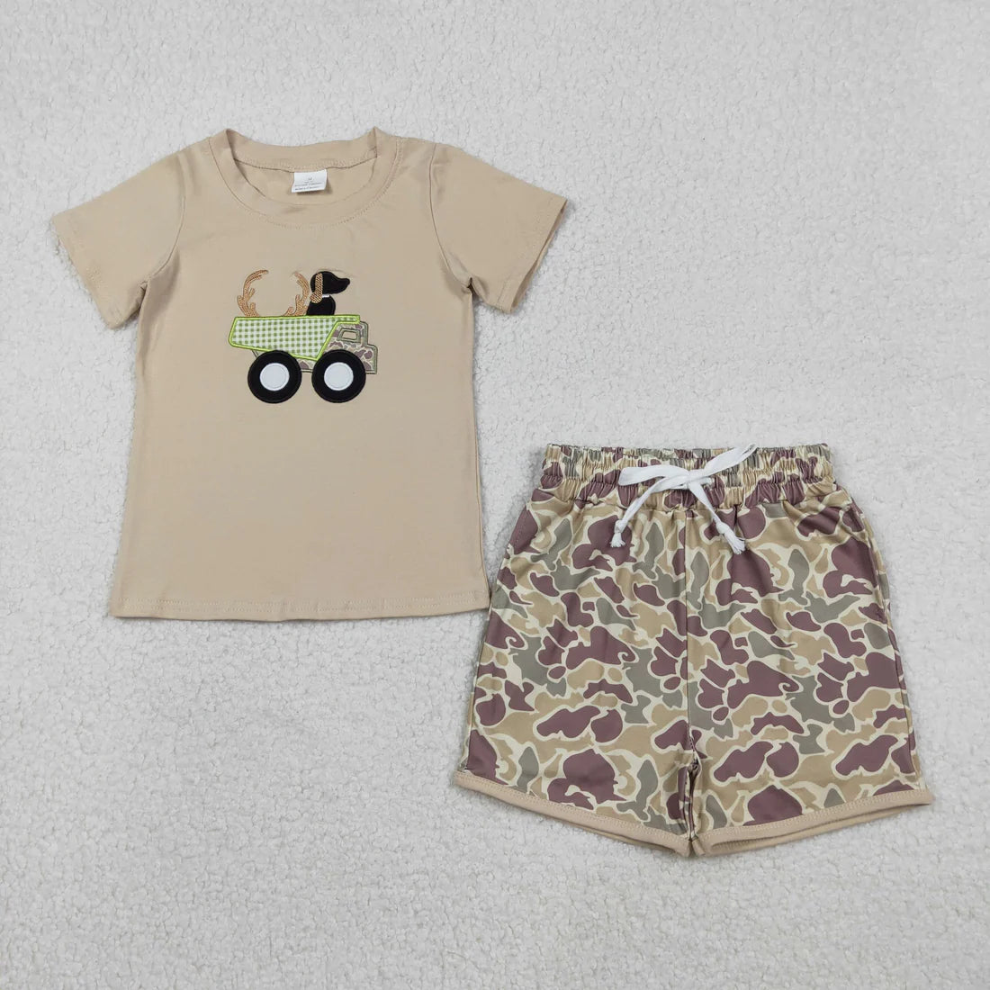 USA Warehouse (IN STOCK) BSSO1576 Baby Boys Summer Clothes Embroidery Deer Truck Baby Boys Khaki Top Camo Shorts Hunting Clothes Sets