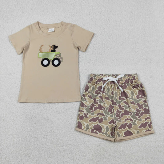 USA Warehouse (IN STOCK) BSSO1576 Baby Boys Summer Clothes Embroidery Deer Truck Baby Boys Khaki Top Camo Shorts Hunting Clothes Sets