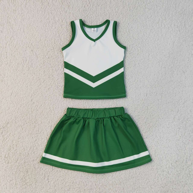 GSD4191  RTS NO MOQ （In stock）Sleeveless white green top skirt girls team cheer active set