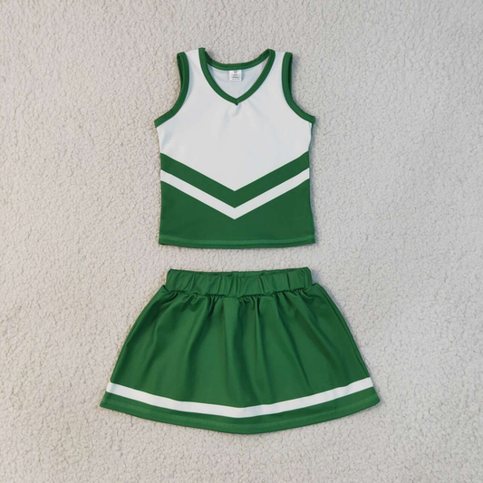GSD4191  RTS NO MOQ （In stock）Sleeveless white green top skirt girls team cheer active set