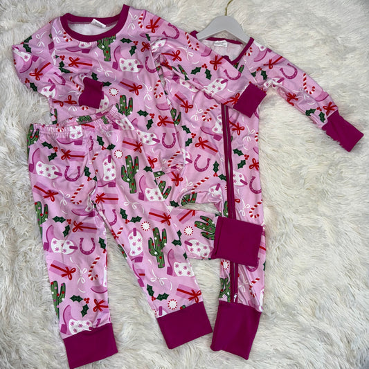 11.20 RTS Sibling Baby Girls Boots Cactus Western Christmas Pants Pajamas Sets Zipper Rompers