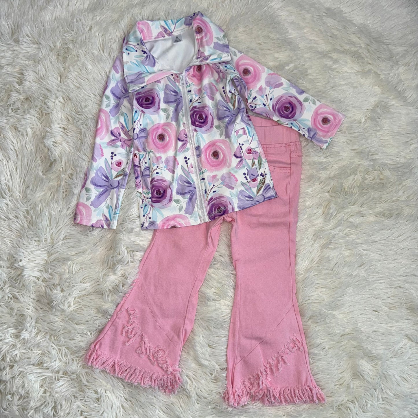 11.13 RST Sibling Baby Girls Flowers Bows Pockets Zipper Yoga Active Pullovers Top  Pink  Jeans Sets