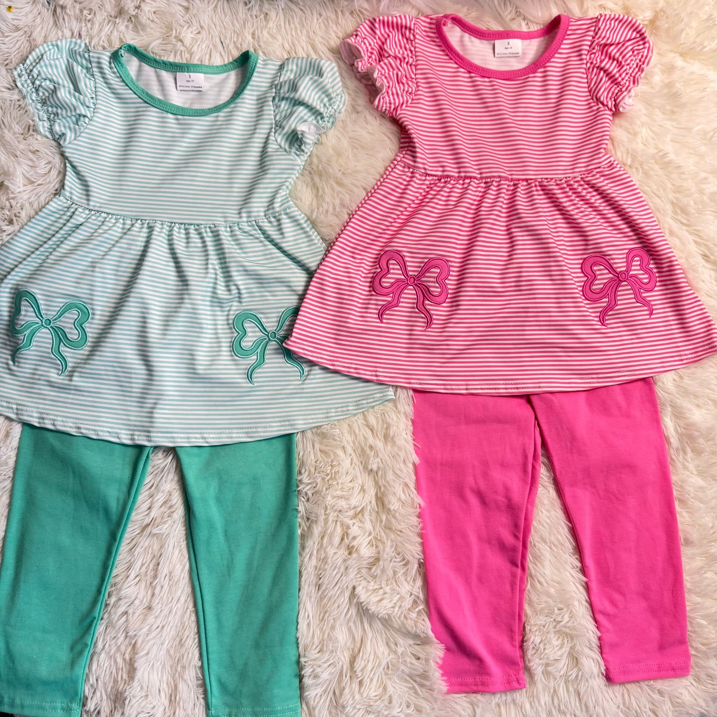 12.10 RST Sibling Baby Girls Embroidery Bows Stripe Tunic Legging Pants Clothes Sets