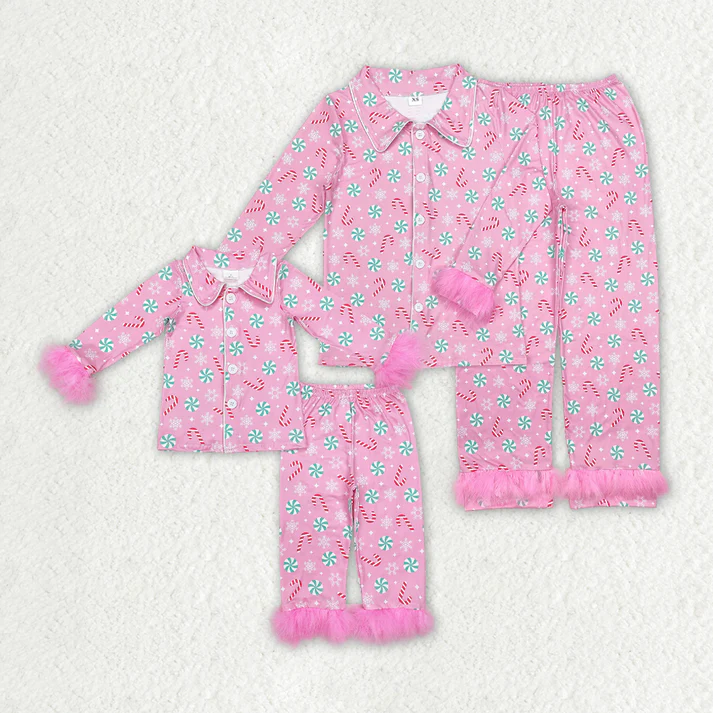 Baby Girls and adults women Christmas Striped Candy Cane-Candy Pink Plush Button Long Sleeve Long Pants Pajama Set