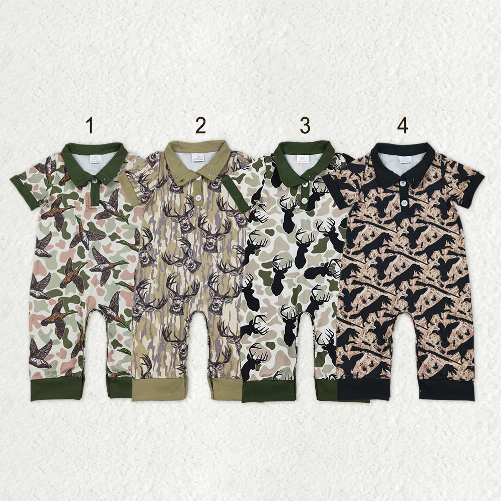 1.8 RTS Sibling Baby Boys Short Sleeve Southern Hunting Duck Dogs Deer Camo Button Rompers