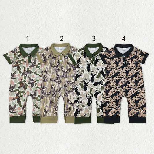 1.8 RTS Sibling Baby Boys Short Sleeve Southern Hunting Duck Dogs Deer Camo Button Rompers