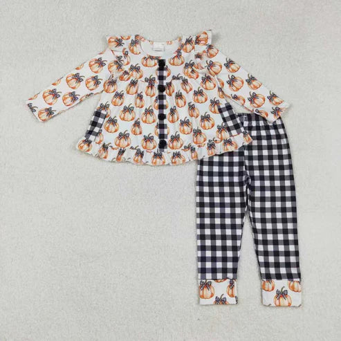 9.17 RTS Sibling Baby Girls Bows Pumpkins Button Fal Pajamas Clothes Sets Zipper Footie Rompers
