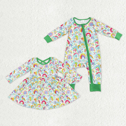 12.10 RTS Sibling Baby Girls Colorful Rainbows Knee Length Dress Zipper Rompers