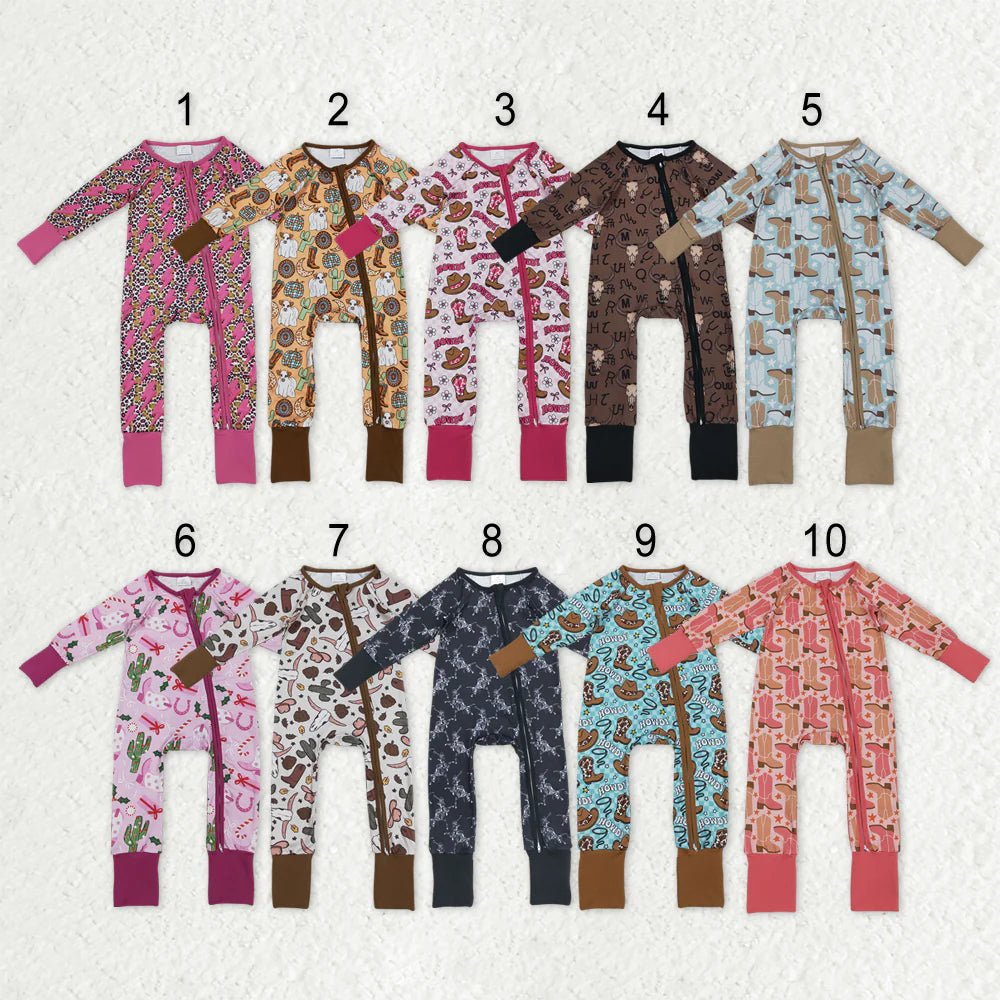 12.11 RTS Sibling Baby Kids Hats Boots Horses Cows Western Two Way Zip Convertible Rompers