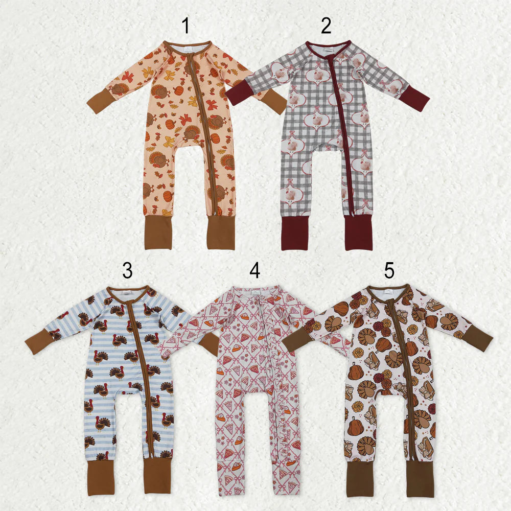 12.11 RTS Sibling Baby Kids Turkey Pie Pumpkins Thanksgiving Two Way Zip Convertible Rompers