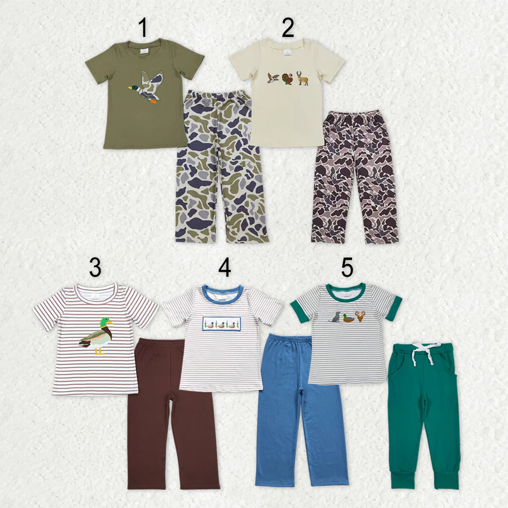 12.12 RTS Sibling Baby Boys Short Sleeve Embroidery Ducks Top Camo Pants Hunting Clothes Sets