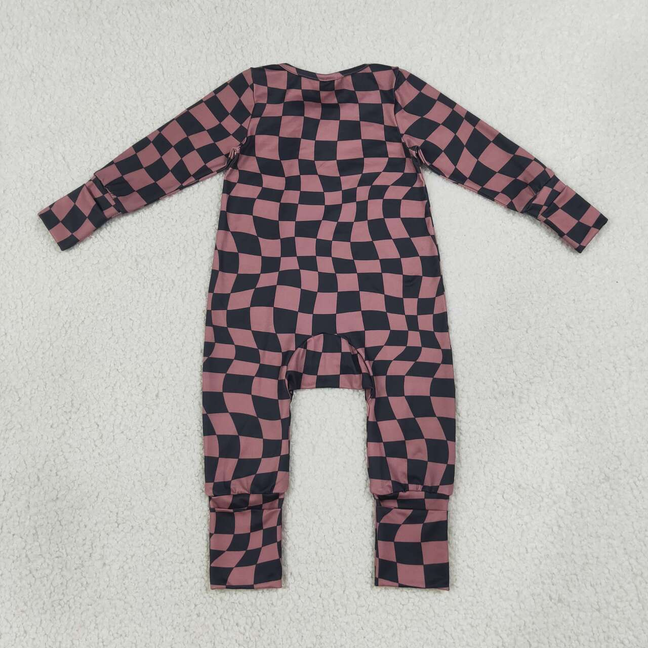 LR3115 RTS NO MOQ （In stock）Baby Boys Brown Black Checked Long Sleeve Two Way Zipper Convertible Casual Rompers