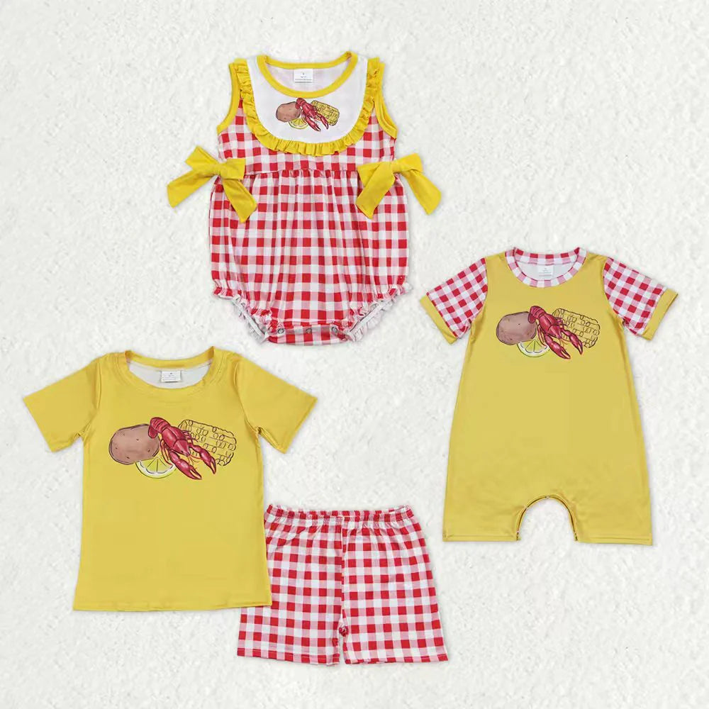 12.23 RTS Sibling Baby Boys Girls Crayfishes Top Checked Shorts Clothes Set Rompers