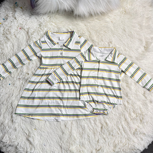 12.23 RTS Sibling Baby Boys Girls Mardigras Stripe Button Knee Length Dress Rompers