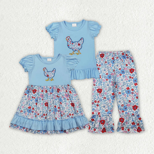 2.3 RTS Sibling Baby Girls Embroidery Floral Chick Ruffle Pants Farm Clothes Set Knee Length Dresses