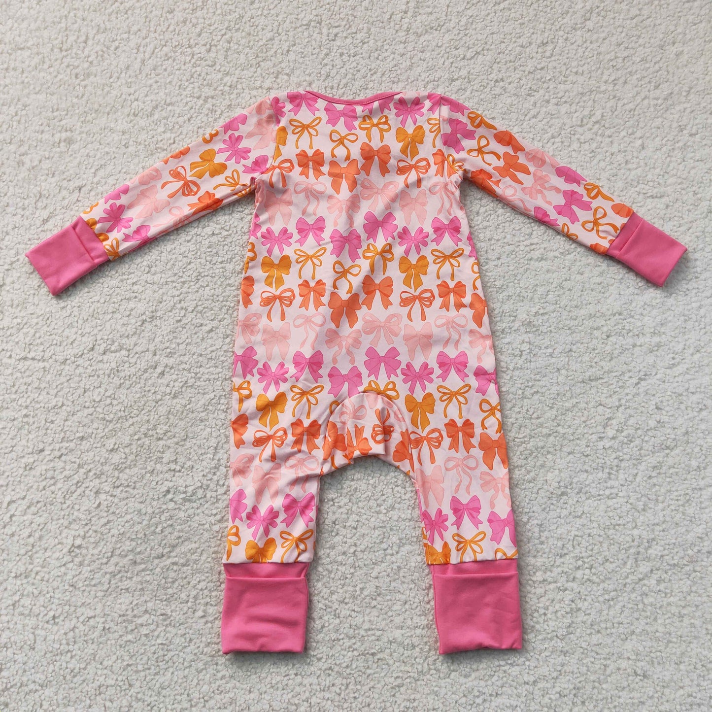 LR2567  RTS NO MOQ （In stock）Baby Girls Cute Pink Bow Plaid Printed Long Sleeve Two Way Zip Ruffle Convertible Rompers