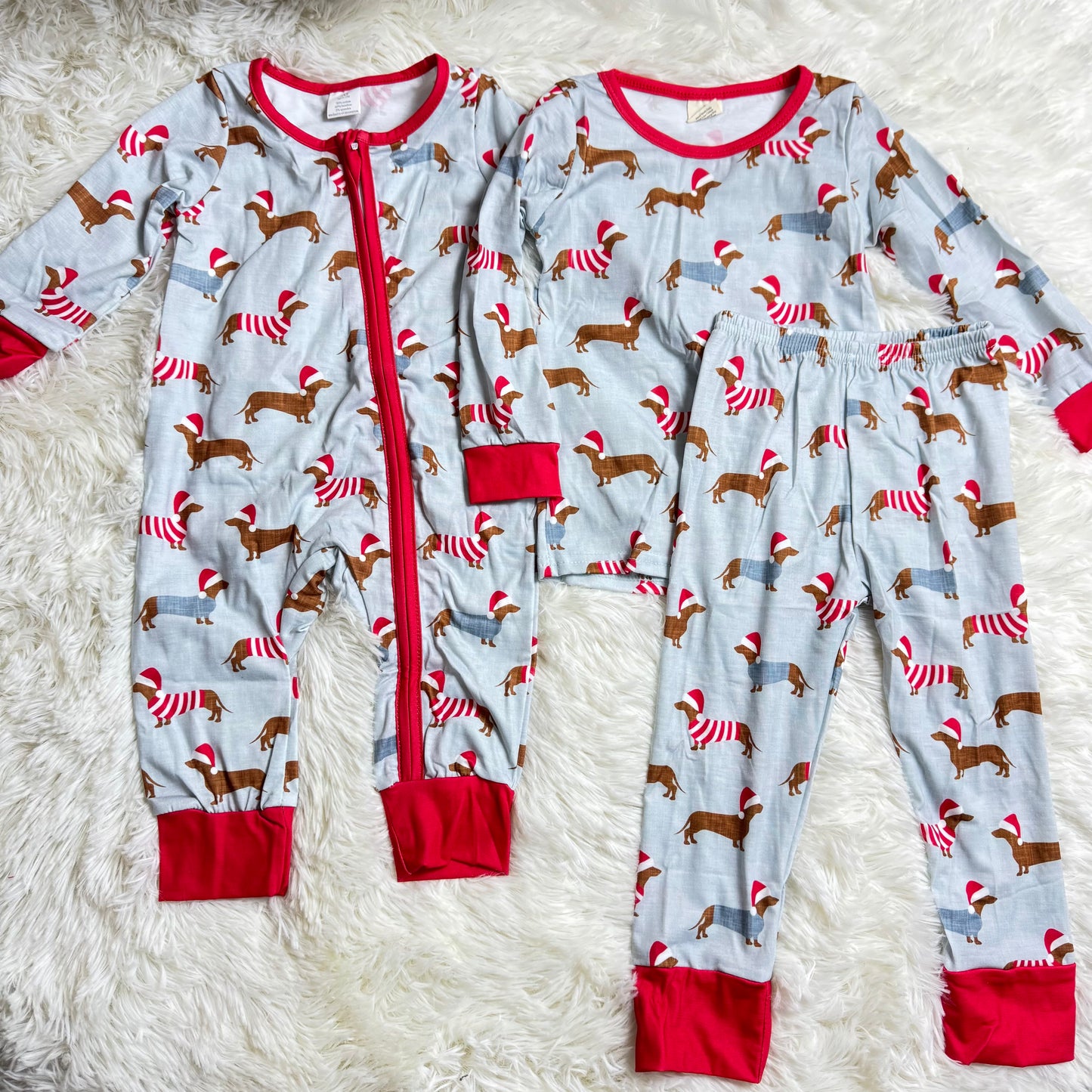 12.4 RTS Sibling Boys Christmas Dachshund Pajamas Rompers Clothes Sets