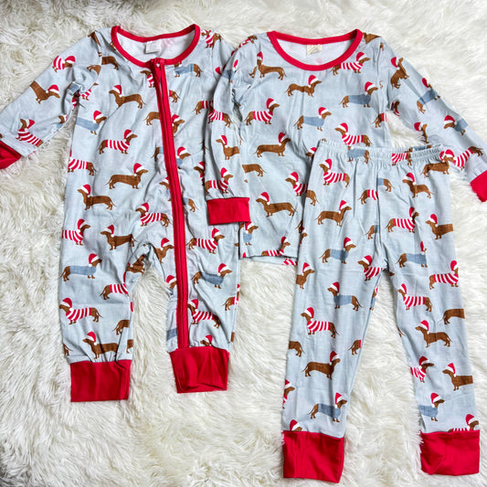 12.4 RTS Sibling Boys Christmas Dachshund Pajamas Rompers Clothes Sets