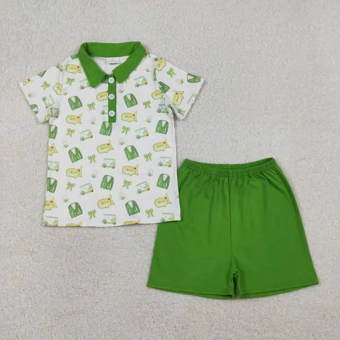 1.16 RTS Sibling Baby Boys Girls Green Golf Bows Button Shirt Short Clothes Set Knee Length Dresses