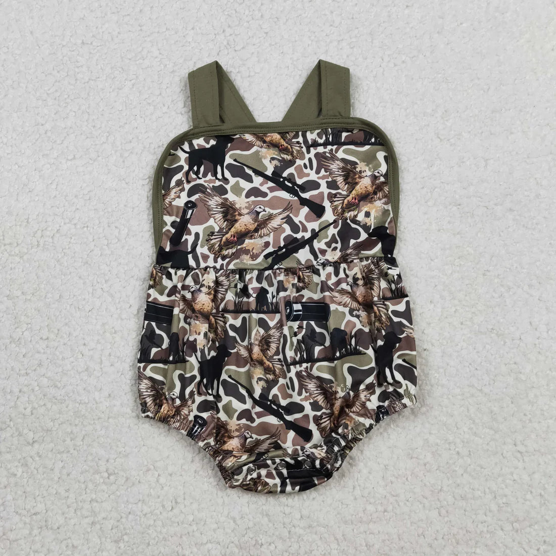 2.3 RTS Sibling Baby Boys Shirt Top Dog Ducks Camo Pockets Short Hunting Clothes Set Strap Rompers