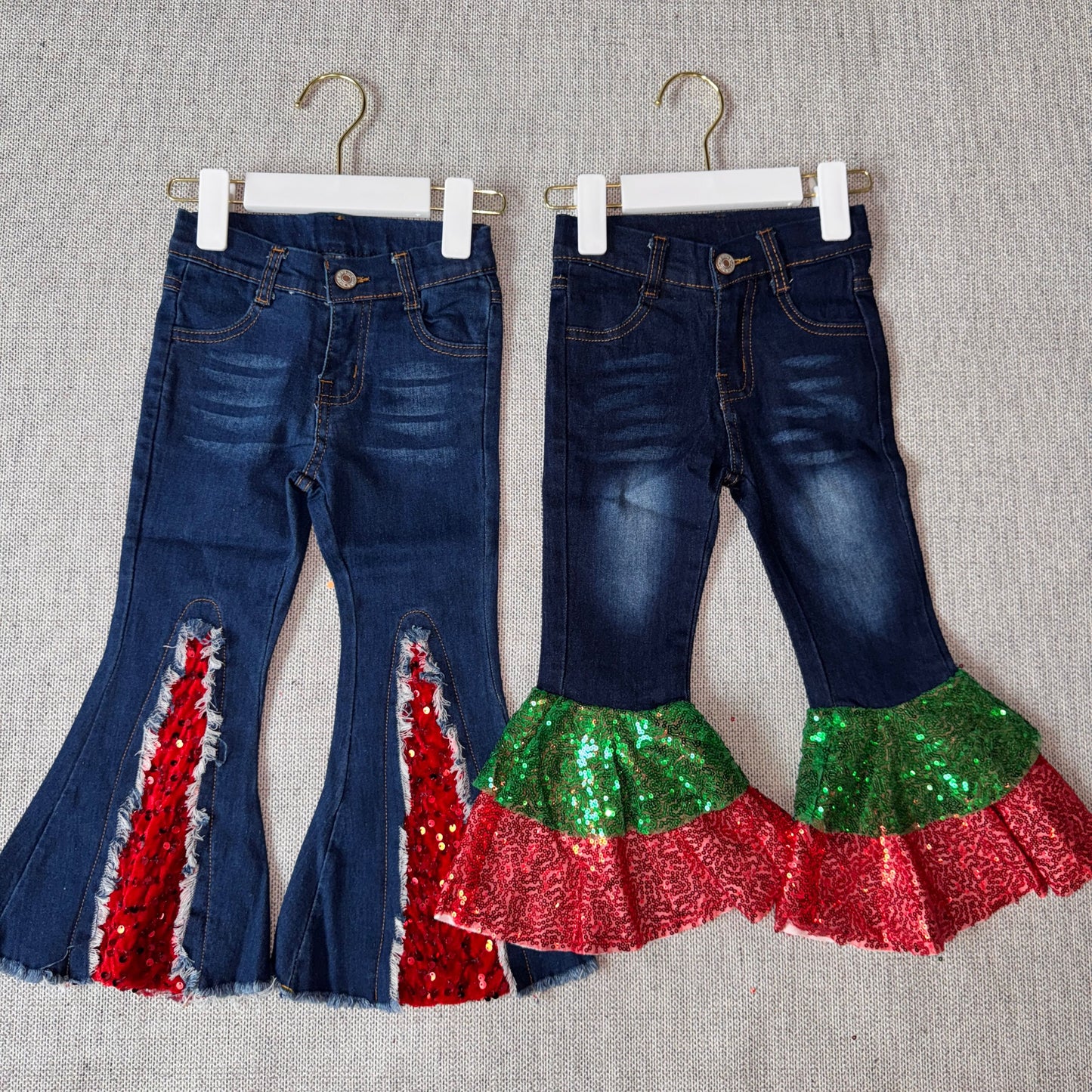 10.28 RST Sibling Baby Girls Sequin Holiday Bell Flare Denim Pants