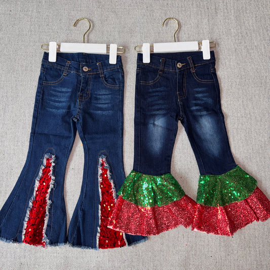 10.28 RST Sibling Baby Girls Sequin Holiday Bell Flare Denim Pants