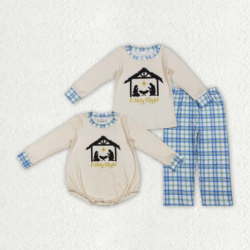 10.10 RTS Sibling Baby Boys Nativity Long Sleeve Top Checked Pants Christmas Clothes Sets Rompers