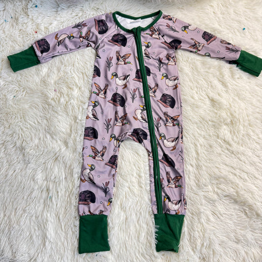 12.27 RST LR2886 Baby Boys Camo Hats Ducks Hunting Two Way Zip Convertible Rompers