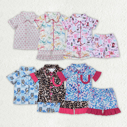 Girls Pink Bow Button down Top Ruffle Shorts Pajamas Set Cute Sleepwear for Little Girls