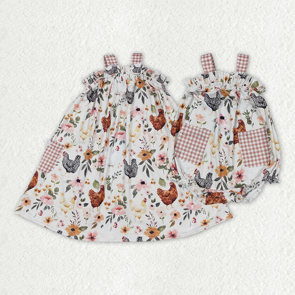 12.24 RTS Sibling Baby Girls Chicken Flowers Farm Romper Dresses