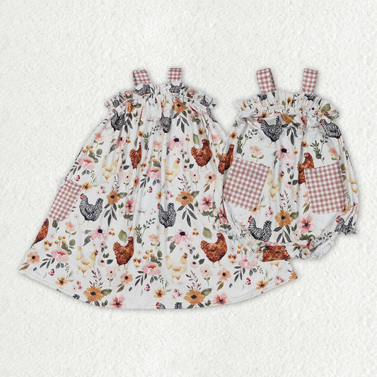 12.24 RTS Sibling Baby Girls Chicken Flowers Farm Romper Dresses