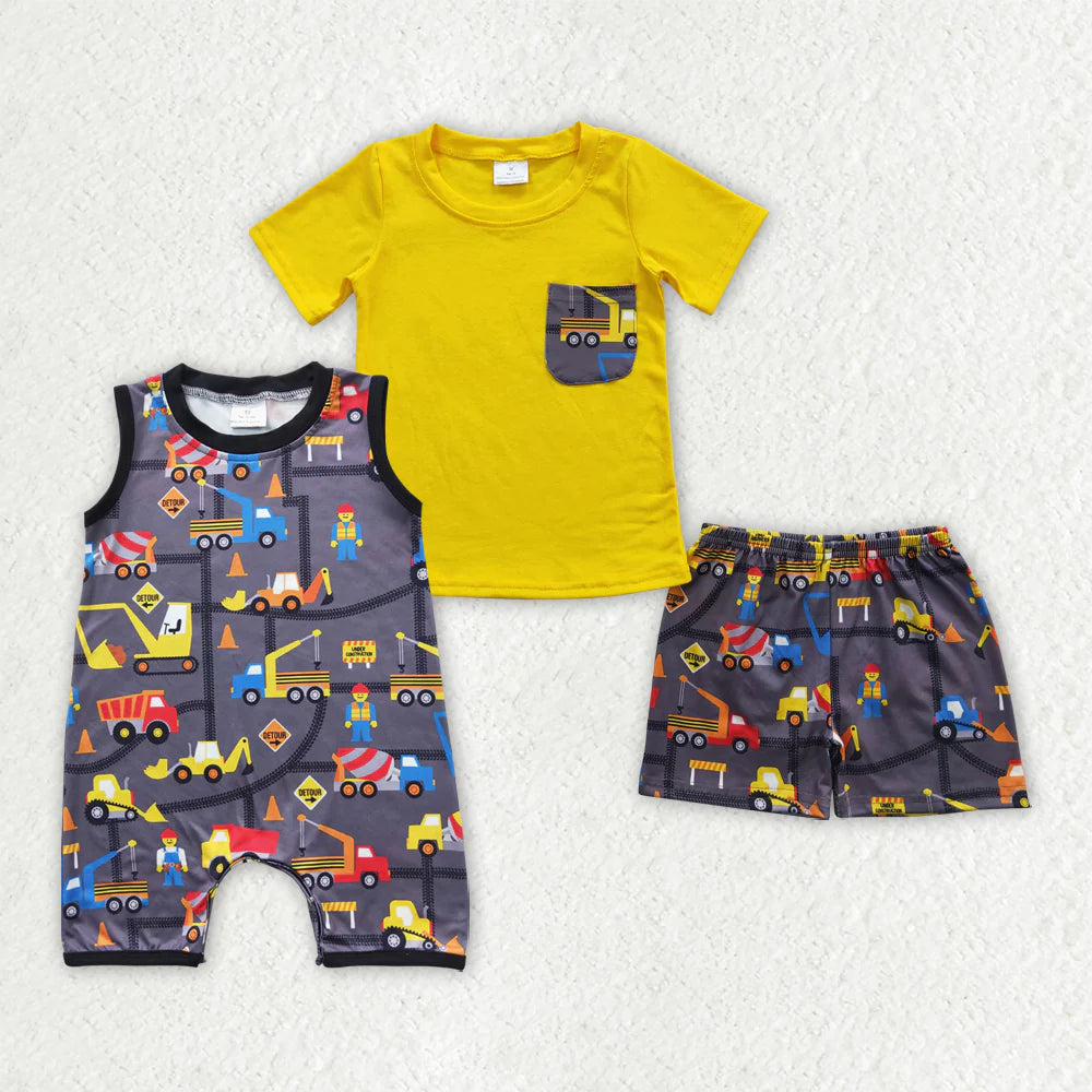 12.4 RTS Sibling Baby Boys Summer Construction Rompers Outfits