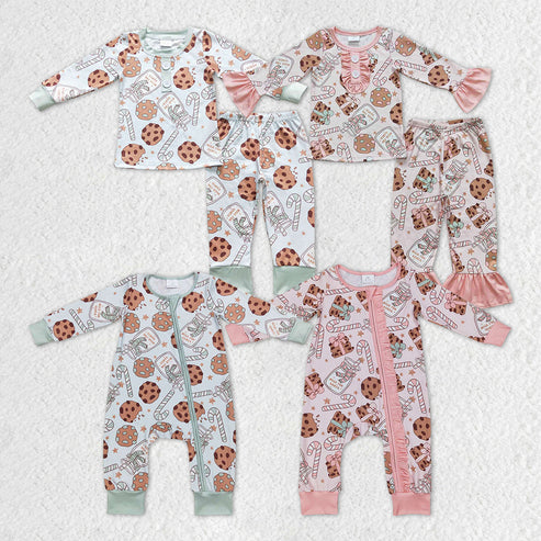 9.16 RTS Sibling Baby Kids Cookie Candy Cane Top Pants Christmas Pajamas Sets Zipper Footie Rompers