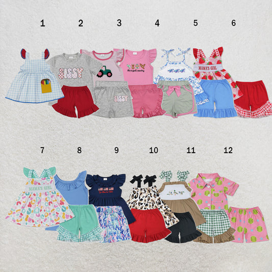 USA Warehouse (IN STOCK) Baby Girls Summer Embroidered and Printed Short-Sleeve Top and Shorts Set